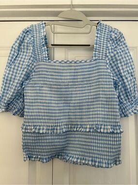 CeCe White and Light Blue Gingham Smocked Blouse